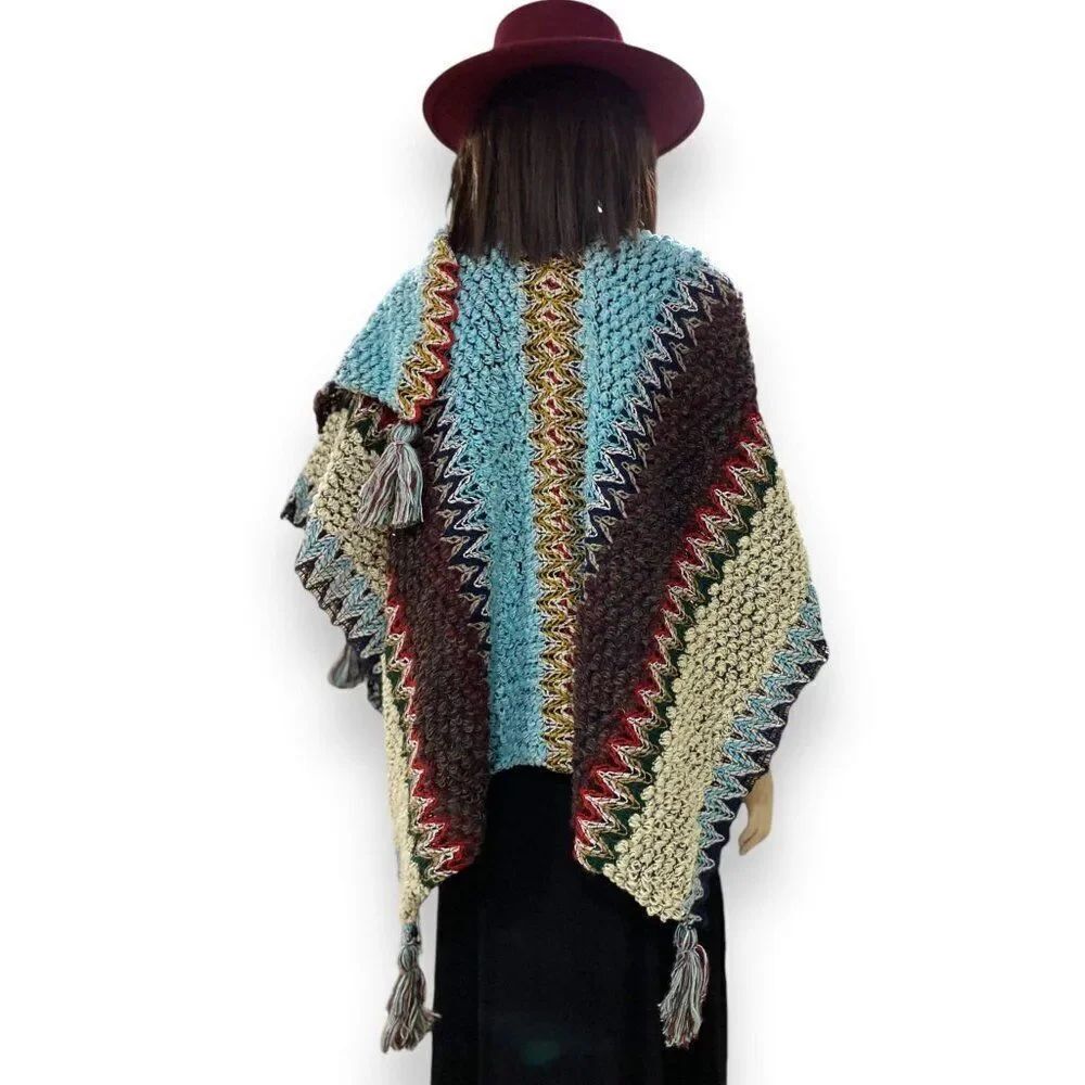Boho Colorful Knit Poncho Wrap Tassel Trim - NEW